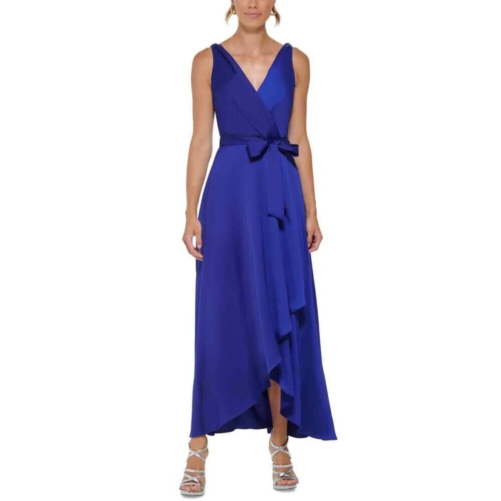 NWT DKNY Womens Blue Sleeveless V Neck Asymmetrical Hem Evening Dress Size 4
